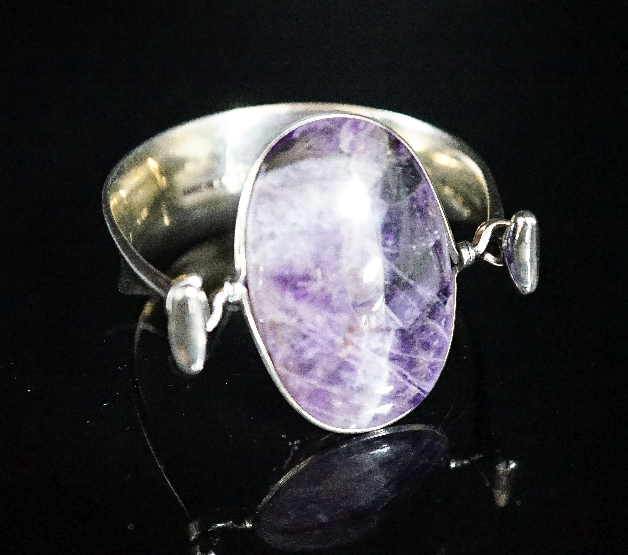 A Vivianna Torun for Georg Jensen sterling and amethyst quartz set openwork bangle, no 203, stone length approx. 43mm.